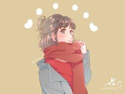 Rule 34 | 1girl, blush, brown background, brown eyes, brown hair, character name, closed mouth, commentary request, earrings, grey jacket, half updo, highres, inami anju, jacket, jewelry, kashikaze, long sleeves, looking at viewer, open clothes, open jacket, real life, red scarf, red shirt, scarf, shirt, short hair, sidelocks, signature, simple background, solo, translated, upper body, voice actor