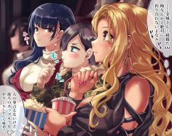 4girls, aqua eyes, bangs, black hair, blonde hair, blush, breasts, brown hair, commentary request, cup, dark skin, drinking straw, earrings, fingernails, food, forehead, from side, gyaru, highres, jewelry, kinjyou (shashaki), large breasts, lightning bolt earrings, lips, long hair, multiple girls, nail polish, original, parted bangs, pink nails, popcorn, shashaki, smile, thinking, translation request