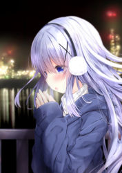 Rule 34 | 1girl, :o, blue eyes, blue hair, blue jacket, blurry, blurry background, blush, breathing on hands, building, commentary request, depth of field, earmuffs, gochuumon wa usagi desu ka?, hair between eyes, hair ornament, hands up, highres, hood, hood down, hooded jacket, jacket, kafuu chino, kouda suzu, long hair, long sleeves, night, night sky, outdoors, own hands together, parted lips, railing, ribbed sweater, sky, skyscraper, sleeves past wrists, solo, sweater, turtleneck, turtleneck sweater, very long hair, white sweater, winter, x hair ornament