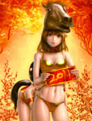 Rule 34 | 10s, 2014, 2girls, bent over, bikini, black hair, blonde hair, bow, bowtie, bracelet, breasts, brown hair, cleavage, contrapposto, cowboy shot, gold bikini, highres, horse (chinese zodiac), horse mask, horse tail, jewelry, long hair, looking at viewer, mask, medium breasts, multiple girls, original, parted lips, s zenith lee, short hair, side-tie bikini bottom, standing, swimsuit, tail, tree, watch, wristwatch, yellow bikini, yellow eyes