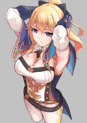 Rule 34 | 1girl, armpits, blonde hair, blue capelet, blue eyes, bow, breasts, capelet, cleavage, closed mouth, coattails, commentary request, detached collar, detached sleeves, genshin impact, grey background, hair between eyes, hair bow, jean (genshin impact), large breasts, multicolored capelet, pants, ponytail, solo, standing, tight clothes, tight pants, white pants, yamaya oouemon