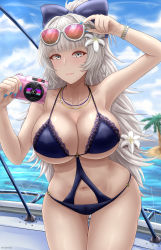 1girl, adjusting eyewear, archstreal, armpits, artist name, azur lane, bangs, bare shoulders, bikini, black bikini, blue bow, blue nails, blue sky, blunt bangs, blush, bow, bracelet, braid, breasts, camera, cleavage, closed mouth, cloud, collarbone, commentary, cowboy shot, day, eyebrows visible through hair, eyewear on head, flower, glint, gluteal fold, grey eyes, grey hair, groin, hair bow, hair flower, hair intakes, hair ornament, highres, holding, holding camera, island, jewelry, large breasts, leaning forward, long hair, looking at viewer, midriff, nail polish, navel, necklace, o-ring, o-ring bikini, ocean, official alternate costume, outdoors, palm tree, sidelocks, skindentation, sky, smile, solo, standing, sunglasses, swimsuit, thigh gap, tree, very long hair, vittorio veneto (azur lane), vittorio veneto (the flower of la spezia) (azur lane)
