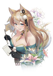Rule 34 | 1girl, 97 mubi bai, absurdres, animal ears, bare shoulders, black gloves, blue eyes, breasts, brown hair, cleavage, dog ears, dog tail, flower, genderswap, genderswap (mtf), genshin impact, gloves, highres, hina (genshin impact), japanese clothes, kimono, large breasts, letter, long hair, open mouth, paintbrush, smile, solo, tail