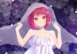 Rule 34 | 1girl, absurdres, arima kana, bare shoulders, blunt bangs, closed mouth, collarbone, commentary request, dress, frilled dress, frills, highres, looking at viewer, oshi no ko, red eyes, red hair, see-through, short hair, sky, smile, solo, spaghetti strap, star (sky), starry sky, veil, white dress, xiang yu pai