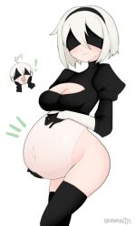 1boy 1girl 2b_(nier:automata) 9s_(nier:automata) belly big_belly black_thighhighs highres leotard navel nier:automata nier_(series) outie_navel pregnant stomach thighhighs vanabette