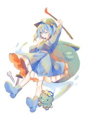 Rule 34 | 1girl, ;), arm up, backpack, bag, blue eyes, blue footwear, blue hair, blue shirt, blue skirt, blush, boots, closed mouth, commentary, crowbar, flat cap, frilled skirt, frills, full body, green bag, green hat, hair between eyes, hammer, hat, highres, holding, holding crowbar, kappa, kawashiro nitori, key, looking at viewer, medium hair, one eye closed, rubber boots, sabatuki, shirt, simple background, skirt, smile, solo, touhou, v-shaped eyebrows, white background, wrench