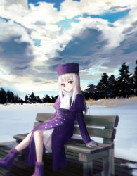 Rule 34 | 1girl, bad id, bad pixiv id, fate/stay night, fate (series), fur hat, hat, highres, illyasviel von einzbern, long hair, meaomao, outdoors, papakha, pleated skirt, purple hat, red eyes, silver hair, sitting, skirt, solo, white skirt