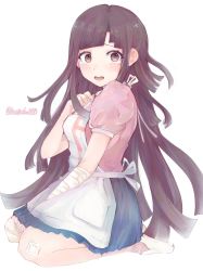 Rule 34 | 1girl, a po (liuxiaobo0413), apron, bad id, bad twitter id, bandaged arm, bandaged leg, bandages, bandaid, bandaid on knee, bandaid on leg, between legs, black hair, blunt bangs, blush, breasts, brown eyes, commentary request, danganronpa (series), danganronpa 2: goodbye despair, embarrassed, from side, full body, hand between legs, highres, long hair, looking at viewer, mole, mole under eye, nurse, open mouth, pleated skirt, puffy short sleeves, puffy sleeves, purple eyes, purple hair, seiza, short sleeves, simple background, sitting, skirt, solo, tearing up, tears, tsumiki mikan, white apron, white background