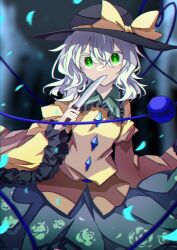 Rule 34 | 1girl, black hat, blurry, blurry background, bow, commentary, floral print, frilled sleeves, frills, green eyes, green skirt, hat, hat bow, heart, heart of string, highres, komeiji koishi, light green hair, long sleeves, looking at viewer, medium hair, rose print, shirt, skirt, solo, souko illust, third eye, touhou, wide sleeves, yellow bow, yellow shirt