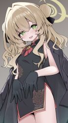 Rule 34 | 1girl, absurdres, black dress, black gloves, black jacket, blonde hair, blue archive, blush, breasts, china dress, chinese clothes, double bun, dress, gloves, green eyes, hair bun, halo, highres, izuoku, jacket, jacket on shoulders, long hair, looking at viewer, open mouth, professor niyaniya (blue archive), short dress, side slit, sidelocks, small breasts, smile, solo, thighs