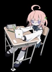 Rule 34 | 1girl, ahoge, animated, animated gif, bandaid, bandaid on knee, bandaid on leg, black footwear, blinking, book, bow, bowtie, chair, daizu (melon-lemon), desk, food-themed hair ornament, full body, glasses, grey bow, grey bowtie, grey skirt, hair ornament, holding, holding book, jaggy lines, kneehighs, long hair, long sleeves, looking at viewer, looping animation, mary janes, miniskirt, open book, original, over-rim eyewear, pencil, pencil case, pink hair, pleated skirt, pout, purple eyes, school chair, school desk, school uniform, semi-rimless eyewear, shirt, shoes, simple background, sitting, skirt, sleeves past wrists, socks, solo, spring onion hair ornament, stitched, third-party edit, transparent background, two side up, variant set, white shirt, white socks