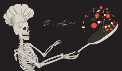 Rule 34 | 1other, absurdres, black background, bone, chef, cooking, cursive, food, french text, frying pan, highres, midair, mushroom, no humans, noredji, original, pepper, ribs, simple background, skeleton, skull, teeth, tomato