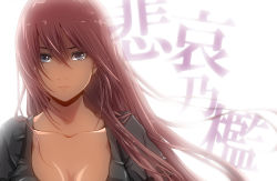 Rule 34 | 1girl, backlighting, blue eyes, breasts, cleavage, collarbone, eyelashes, frown, hair between eyes, long hair, megurine luka, no10, pink hair, simple background, solo, song name, vocaloid, white background