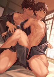 Rule 34 | 2boys, arm grab, armpits, bare pectorals, behind another, black kimono, blurry, blush, brown eyes, brown hair, collarbone, depth of field, dutch angle, frown, grey kimono, groin, highres, indoors, japanese clothes, kimono, knee up, kneeling, light smile, looking at another, looking at viewer, male focus, multiple boys, navel, nayoshi (r-744), nipples, off shoulder, open clothes, open kimono, original, pectorals, penis, penis peek, short hair, shouji, sliding doors, spread legs, striped clothes, striped kimono, undressing another, vertical-striped clothes, vertical-striped kimono, wide sleeves, yaoi, yellow eyes, yukata