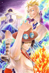 Rule 34 | 3boys, bandana, blonde hair, blue fire, brown hair, edward newgate, facial hair, fire, hand on headwear, hat, jacket, jacket on shoulders, jewelry, jolly roger, kamuna8046z, male focus, marco (one piece), multiple boys, mustache, necklace, one piece, open clothes, open shirt, pirate, portgas d. ace, purple shirt, shirt, tattoo, tongue, topless male