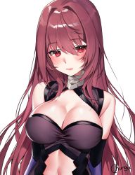 Rule 34 | 1girl, artist name, bare shoulders, black gloves, blush, breasts, chungu, cleavage, cleavage cutout, clothing cutout, collar, cosplay, elbow gloves, fate/grand order, fate (series), gloves, highres, large breasts, lips, long hair, looking at viewer, mash kyrielight, mash kyrielight (cosplay), navel cutout, purple hair, red eyes, scathach (fate), shiny skin, solo, transparent background, upper body, very long hair
