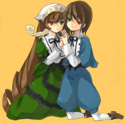 Rule 34 | 00s, 2girls, blue dress, brown hair, collar, dress, frilled collar, frilled shirt collar, frills, full body, green dress, green eyes, head scarf, holding hands, long hair, long sleeves, loo, looking at viewer, multiple girls, pantyhose, red eyes, rozen maiden, shoes, siblings, simple background, sisters, souseiseki, suiseiseki, twins, very long hair, white legwear, yellow background
