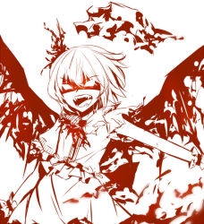 Rule 34 | 1girl, ascot, fangs, female focus, glowing, glowing eyes, hair ornament, monochrome, open mouth, remilia scarlet, short hair, sindre, skirt, skirt set, solo, touhou, wings, wristband