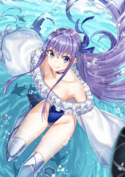 Rule 34 | 1girl, absurdres, armor, bare shoulders, blue eyes, blue ribbon, blush, breasts, choker, closed mouth, collarbone, fate/grand order, fate (series), frills, greaves, hair ribbon, highleg, highleg swimsuit, highres, licking lips, long hair, long sleeves, looking at viewer, meltryllis, meltryllis (fate), meltryllis (swimsuit lancer) (fate), meltryllis (swimsuit lancer) (second ascension) (fate), ocean, off-shoulder one-piece swimsuit, off shoulder, one-piece swimsuit, prosthesis, prosthetic leg, puffy sleeves, purple hair, ribbon, shocho, sleeves past fingers, sleeves past wrists, small breasts, smile, solo, swimming, swimsuit, thighs, tongue, tongue out, underwater, very long hair, white ribbon