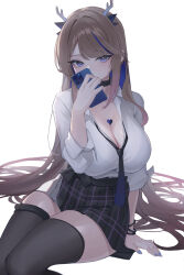 Rule 34 | 1girl, antlers, arm support, black skirt, black thighhighs, blue hair, blue necktie, breasts, brown hair, cellphone, cleavage, commentary request, commission, heart, highres, holding, holding phone, horns, kaneko (bblogtinhan), large breasts, long hair, looking at viewer, multicolored hair, necktie, original, phone, pixiv commission, plaid, plaid skirt, shirt, simple background, sitting, skirt, solo, streaked hair, thighhighs, thighs, underwear, very long hair, white background, white shirt, zettai ryouiki