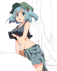 Rule 34 | 1girl, alternate costume, bad id, bad twitter id, bare shoulders, blue eyes, blue hair, blush, blush stickers, breasts, brown gloves, cat, crop top, crop top overhang, gloves, hair bobbles, hair ornament, hasebe yuusaku, kawashiro nitori, large breasts, looking at viewer, matching hair/eyes, midriff, open mouth, partially colored, simple background, skirt, sleeveless, solo, touhou, twintails, two side up, underboob, unfinished, water, waterfall, wet, white background