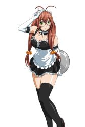 Rule 34 | 00s, 1girl, breasts, brown hair, female focus, glasses, green eyes, ikkitousen, large breasts, legs, long hair, looking at viewer, maid, ryuubi gentoku, shiny skin, skirt, smile, solo, v