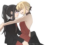 Rule 34 | 2girls, arms around neck, black hair, black jacket, blonde hair, bright pupils, chinese commentary, closed eyes, closed mouth, collar, collared shirt, commentary request, dress, forehead-to-forehead, grey vest, hair up, hand on another&#039;s waist, heads together, highres, inoue takina, jacket, long hair, long sleeves, lycoris recoil, multiple girls, necktie, nishikigi chisato, parted lips, ponytail, purple eyes, red dress, red necktie, shirt, simple background, sitting, sitting on lap, sitting on person, sleeveless, sleeveless dress, smile, suit jacket, sunglasses, vest, waistcoat, white background, white pupils, white shirt, yanlingjinshilihuahua, yuri