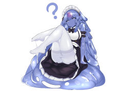 Rule 34 | 1girl, ?, absurdres, ass, blue hair, breasts, highres, long hair, maid, maid headdress, monster girl, original, pantyhose, revision, simple background, slime girl, slm, solo, thighband pantyhose, very long hair, white background, white pantyhose