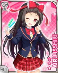 Rule 34 | 1girl, black hair, blue jacket, bow, character name, closed eye, girlfriend (kari), glowstick, hair bow, hand on own hip, holding, isshiki airu, jacket, long hair, official art, open mouth, pink background, plaid, plaid skirt, qp:flapper, red bow, red eyes, red skirt, school uniform, shirt, skirt, smile, tagme, vest, white shirt, yellow vest