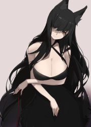 Rule 34 | 1girl, absurdres, animal ears, arm under breasts, atago (azur lane), azur lane, bad id, bad pixiv id, bare shoulders, black dress, black hair, breasts, brown eyes, cleavage, closed mouth, cowboy shot, criss-cross halter, dress, gradient background, halter dress, halterneck, head tilt, highres, large breasts, long hair, looking at viewer, rrr ato, simple background, smile, solo, string, string of fate, swept bangs