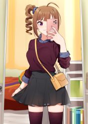 Rule 34 | 1girl, ahoge, bag, bedroom, black skirt, blue shirt, blurry, blurry background, bracelet, brown hair, carrying, cellphone, closed mouth, collared shirt, commentary, drill hair, earrings, grey scrunchie, hair ornament, hair scrunchie, handbag, holding, holding photo, idolmaster, idolmaster million live!, indoors, jewelry, kamille (vcx68), long sleeves, looking at mirror, looking at viewer, medium hair, miniskirt, mirror, phone, photo (object), purple eyes, purple shirt, purple thighhighs, scrunchie, selfie, shirt, side ponytail, skirt, skirt hold, smartphone, smile, solo, standing, thighhighs, yokoyama nao