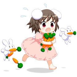 Rule 34 | 1girl, :3, barefoot, bebeneko, brown hair, carrot, child, commentary request, dress, flying sweatdrops, inaba mob (touhou), inaba tewi, open mouth, pink dress, rabbit, rabbit tail, short hair, short sleeves, solo, tail, touhou, | |