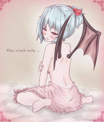 Rule 34 | 1girl, alternate hairstyle, aosiro-michi, ass, bat wings, bed sheet, blush, bow, english text, fang, fang out, from behind, hair bow, highres, light purple hair, looking at viewer, looking back, pink skirt, red eyes, remilia scarlet, see-through, short ponytail, sitting, skirt, skirt set, solo, topless, touhou, wariza, wings