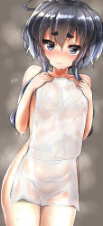 Rule 34 | 1girl, absurdres, black hair, blush, breasts, closed mouth, covering privates, gradient background, grey eyes, hair between eyes, highres, kantai collection, mechanical pencil, naked towel, nude cover, pencil, see-through, short eyebrows, short hair, short hair with long locks, small breasts, solo, steam, thick eyebrows, tokitsukaze (kancolle), towel, water drop, yufuissei0702