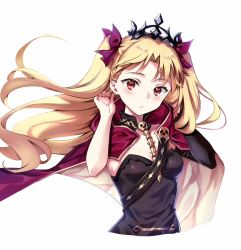 Rule 34 | 1girl, asymmetrical sleeves, black dress, blonde hair, blush, bow, breasts, cape, cleavage, cropped torso, detached sleeves, dress, earrings, ereshkigal (fate), fate/grand order, fate (series), floating hair, hair bow, hands up, head tilt, jewelry, long hair, long sleeves, looking at viewer, medium breasts, multicolored cape, multicolored clothes, no earrings, parted bangs, purple bow, red cape, red eyes, simple background, single detached sleeve, skull, solo, spine, strapless, strapless dress, tiara, tohsaka rin, two side up, uneven sleeves, very long hair, white background, yellow cape, zhi (yammycheese)