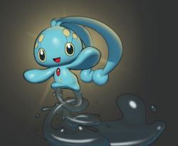 Rule 34 | animal focus, arms up, blue eyes, creatures (company), full body, game freak, gen 4 pokemon, gradient background, happy, highres, hydrokinesis, inkune, jumping, legendary pokemon, looking at viewer, manaphy, mythical pokemon, nintendo, no humans, open mouth, outstretched arms, pokemon, pokemon (creature), simple background, smile, solo, water