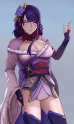 Rule 34 | 1girl, absurdres, armor, blue background, braid, breasts, bridal gauntlets, cleavage, commentary, english commentary, flower, genshin impact, hair ornament, highres, japanese clothes, kimono, large breasts, long hair, long sleeves, looking at viewer, mitsudomoe (shape), mole, mole under eye, nail polish, open mouth, purple eyes, purple flower, purple hair, raiden shogun, ribbon, sash, shoulder armor, sidraxiii, simple background, solo, tassel, thighhighs, tomoe (symbol), wide sleeves