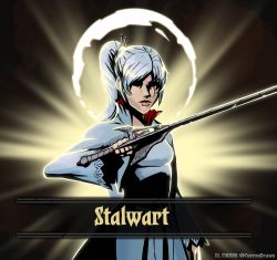 Rule 34 | 1girl, crossover, darkest dungeon, el cuervo, gameplay mechanics, highres, holding, holding weapon, rapier, rwby, scar, scar across eye, shaded face, solo, sword, text focus, watermark, weapon, weiss schnee, white hair
