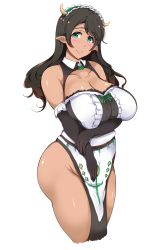 Rule 34 | 125buri, 1girl, aqua eyes, bare shoulders, blush, breasts, brown hair, cleavage, curvy, dark-skinned female, dark skin, elbow gloves, gloves, highres, horns, huge breasts, long hair, looking at viewer, pointy ears, simple background, smile, solo, thick thighs, thighs, white gloves