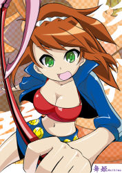 Rule 34 | 00s, 1girl, :d, blue skirt, breasts, brown hair, cleavage, collarbone, green eyes, holding, holding weapon, jacket, large breasts, long hair, looking at viewer, midriff, my-hime, navel, nukunuku, open clothes, open jacket, open mouth, ponytail, scrunchie, short sleeves, skirt, smile, solo, sugiura midori, tank top, weapon