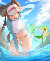 Rule 34 | 1girl, ;d, absurdres, arm up, bikini, bikini bottom only, blue eyes, blue sky, blush, breasts, brown hair, cloud, creatures (company), day, double bun, game freak, gen 5 pokemon, hair bun, highres, leaning forward, long hair, long sleeves, looking at another, matdoljangin, medium breasts, navel, nintendo, one eye closed, open mouth, outdoors, pokemon, pokemon (creature), pokemon bw2, raglan sleeves, rosa (pokemon), shirt, sidelocks, sky, smile, snivy, splashing, stomach, sunlight, swimsuit, taut clothes, taut shirt, teeth, thighs, twintails, upper teeth only, visor cap, wading, water, water drop, wet, wet clothes, wet shirt