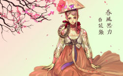 Rule 34 | 1girl, agasang, braid, breasts, chin strap, cleavage, floral print, flower, hair ribbon, hanbok, hat, jeonmo, korean clothes, pointy ears, ribbon, solo, transparent