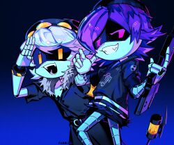 Rule 34 | 1boy, 1girl, android, glitch productions, gynoid, highres, mecha girl, murder drones, n (murder drones), purple eyes, robot girl, smile, tail, uzi (murder drones), yellow eyes