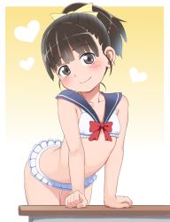 Rule 34 | 1girl, arched back, arm support, bare arms, bare shoulders, bikini, bikini skirt, blue sailor collar, blush, bow, brown eyes, brown hair, bubukka, closed mouth, collarbone, commentary request, desk, flat chest, gradient background, hair bow, head tilt, heart, high ponytail, kadokawa games, leaning forward, looking at viewer, love r, lover (game), magical yumina, ponytail, red bow, sailor bikini, sailor collar, school desk, short hair, smile, solo, striped, striped bow, swimsuit, white background, white bikini, yellow background, yellow bow, yumina (lover)