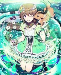 Rule 34 | 10s, 1girl, 2012, black footwear, black legwear, braid, brown hair, cake, dated, dog, dress, food, frilled dress, frills, fruit, green dress, head wreath, kyousin, licking another&#039;s face, lily pad, lord of knights, official art, one eye closed, open mouth, original, peach, ponytail, purple eyes, shoes, solo, strawberry