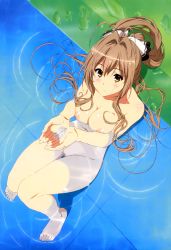 Rule 34 | 10s, 1girl, absurdres, amagi brilliant park, barefoot, blush, breast press, breasts, brown hair, cleft of venus, cupping hands, feet, female focus, from above, frown, hair between eyes, hair intakes, hair ribbon, highres, knees together feet apart, knees up, large breasts, legs, long hair, looking at viewer, navel, nipples, nude, nude filter, nyantype, own hands together, partially submerged, ponytail, pool, pussy, reclining, ribbon, ripples, sento isuzu, sidelocks, solo, thighs, third-party edit, toes, uncensored, water, water drop, wet, yellow eyes