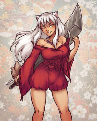 Rule 34 | 1girl, adapted costume, bare legs, breasts, dog ears, genderswap, genderswap (mtf), grin, huge weapon, iahfy, inuyasha, inuyasha (character), jewelry, large breasts, necklace, off shoulder, smile, solo, weapon, white hair