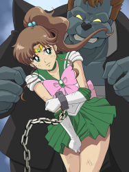 Rule 34 | 1girl, bishoujo senshi sailor moon, blue skin, bow, brown hair, chain, chained, clenched teeth, collar, colored skin, covering privates, covering crotch, cowboy shot, cuffs, earrings, gloves, glowing, glowing eyes, green eyes, green skirt, groin, height difference, high ponytail, highres, imminent rape, jewelry, kino makoto, legs, leotard, long hair, looking at viewer, no pupils, pink bow, ponytail, sailor jupiter, sailor senshi uniform, simple background, skirt, slave, standing, tarekatsu, teeth, thighs, tiara, yellow eyes