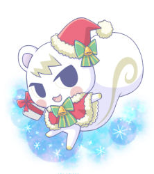 Rule 34 | 1boy, animal crossing, animal ears, aogiri rick, bell, bow, bowtie, fur trim, furry, furry male, gift, hat, lowres, male focus, marshal (animal crossing), nintendo, open mouth, santa hat, simple background, snowflakes, solo, squirrel ears, squirrel tail, tail, white background