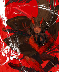 Rule 34 | 1girl, asymmetrical horns, barefoot, black hair, blunt bangs, fangs, holding, holding sword, holding weapon, horns, japanese clothes, katana, kazunari (prawn10231), long hair, looking at viewer, oni, open mouth, original, red background, red eyes, red theme, scales, sheath, solo, sword, very long hair, weapon
